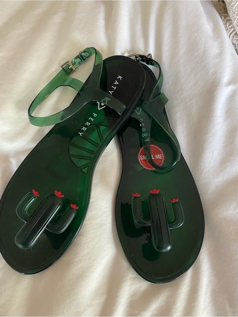 Katy Perry Collections Green Jelly Cactus Sandals with Red Flower Accents - Picture 5 of 12